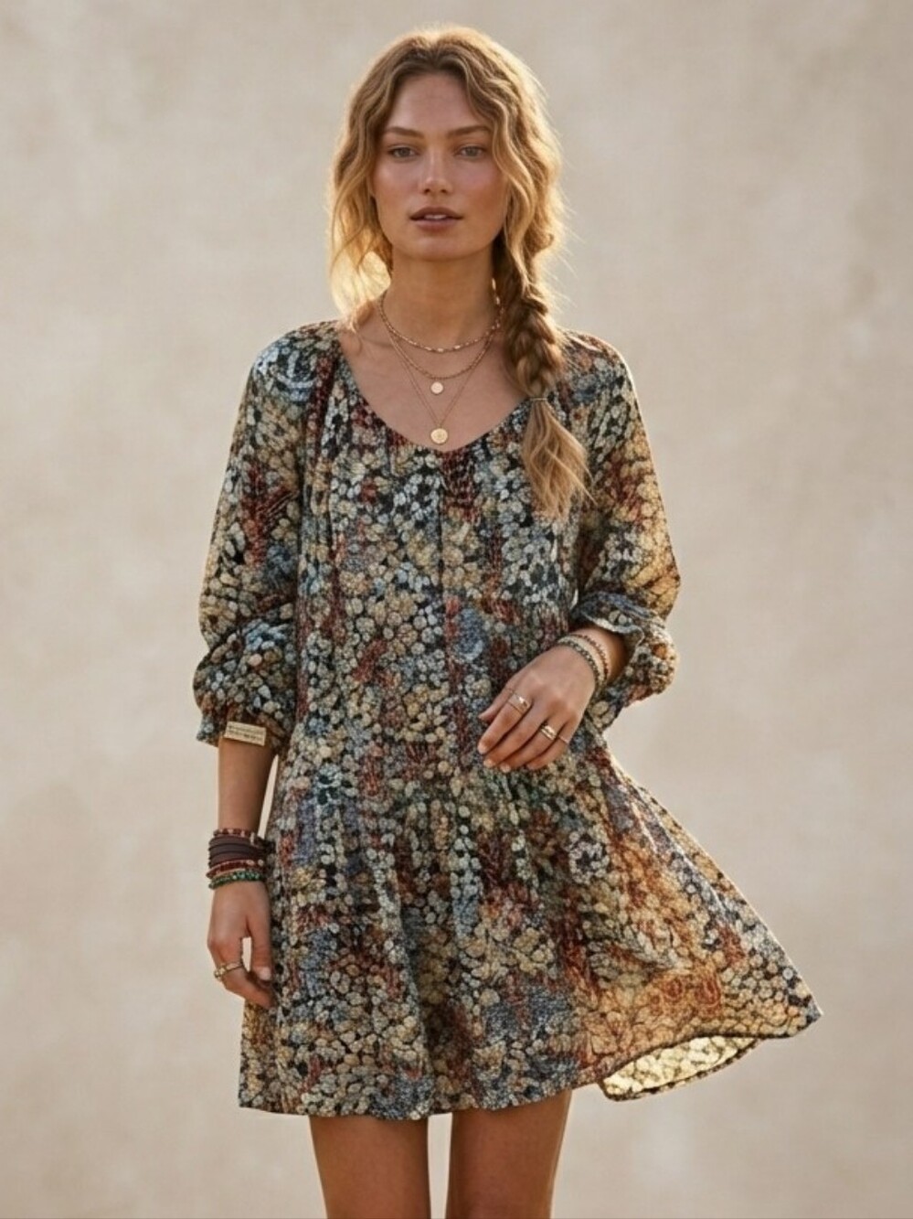 H&M Floral Tiered Cotton Long Sleeve Mini Dress Small Boho Cottagecore